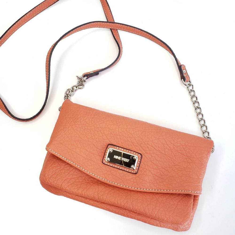 NINE WEST Orange Leather Convertible Crossbody Purse Bag Clutch Removeable Strap